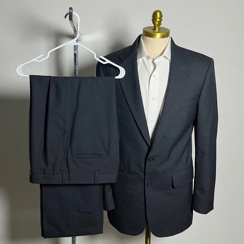Cricketeer Suit Mens 40L W34 Charcoal Grey Solid‎ 100% Wool Two-Button Formal